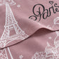 Juego de sábanas con vuelo 4 piezas, diseño París Rosa Malva – detalle de la tela
