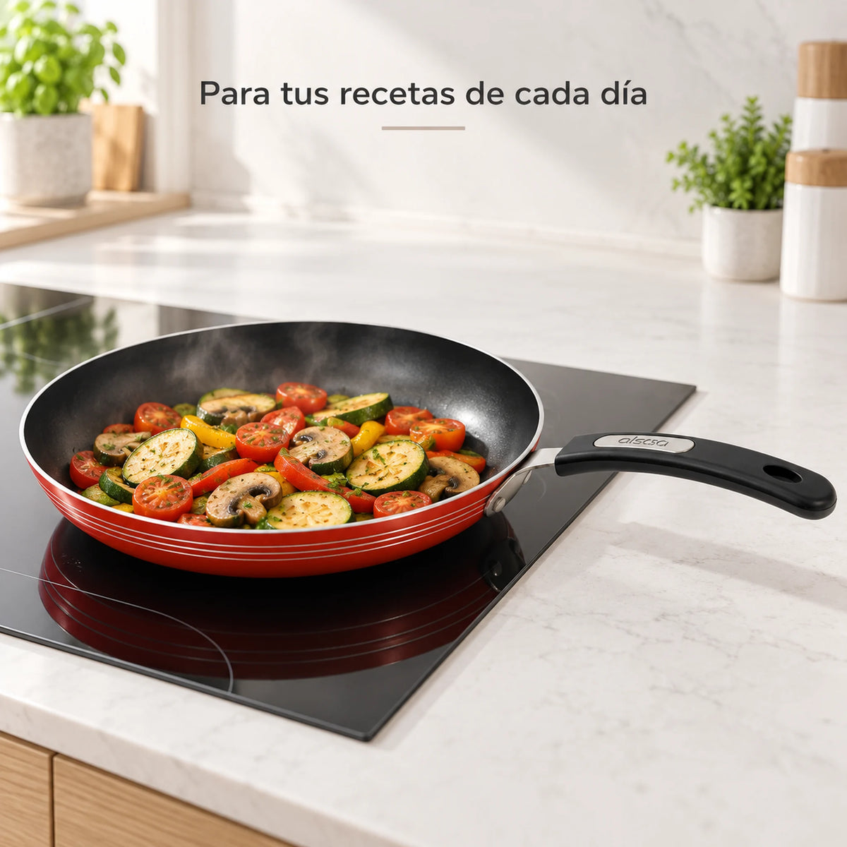 Sartén Alsasa Línea Premium rojo en uso durante la cocción