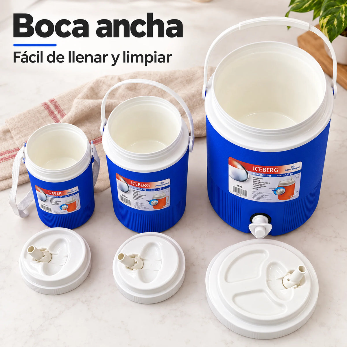 Set de 3 termos para líquidos color azul – boca ancha para llenar y limpiar