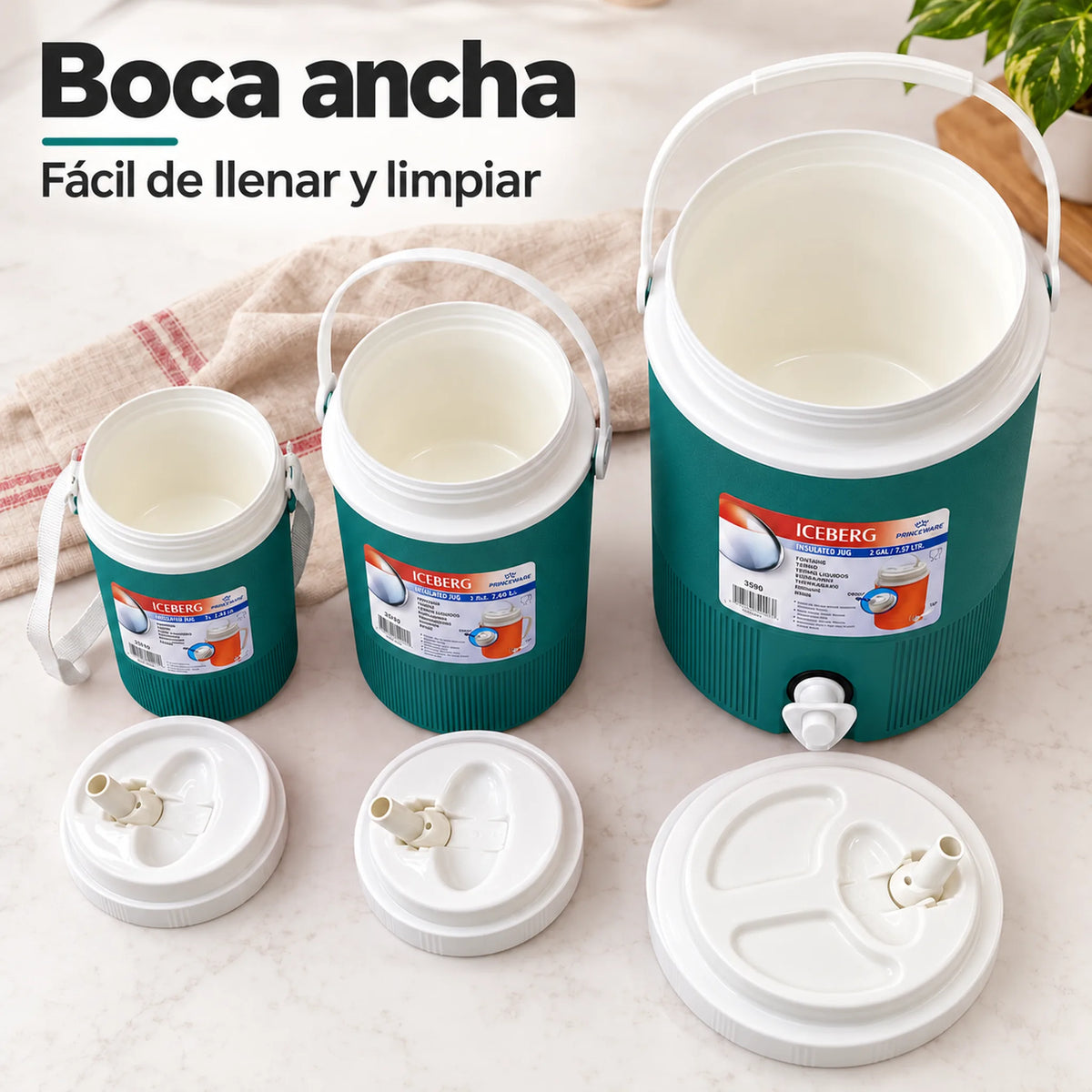 Set de 3 termos para líquidos color turquesa – boca ancha para llenar y limpiar