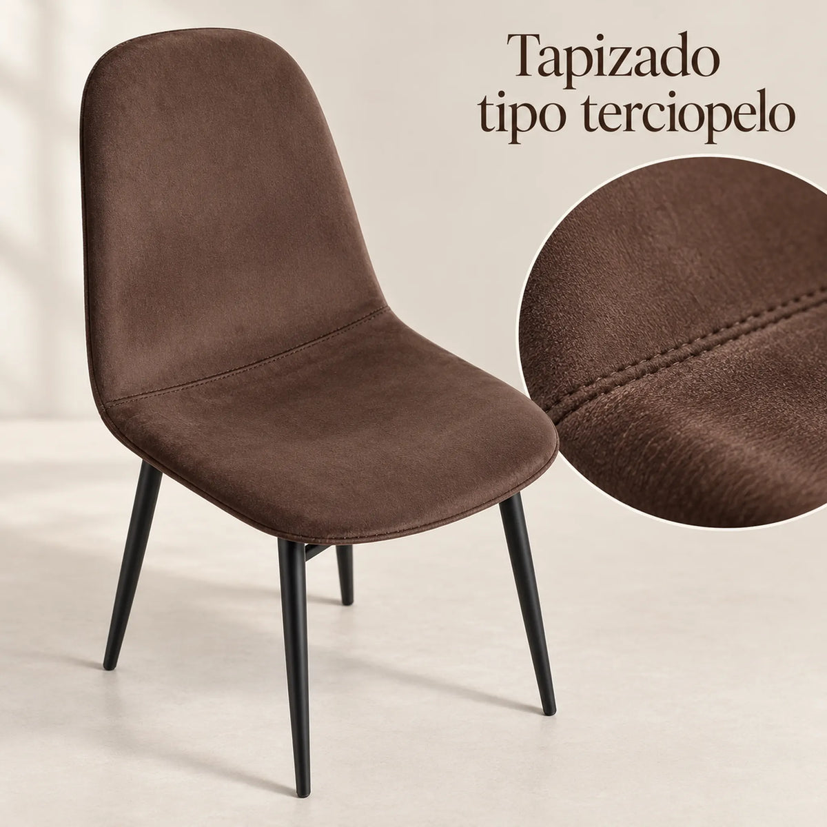 Detalle del tapizado tipo terciopelo color chocolate de la silla Beneli