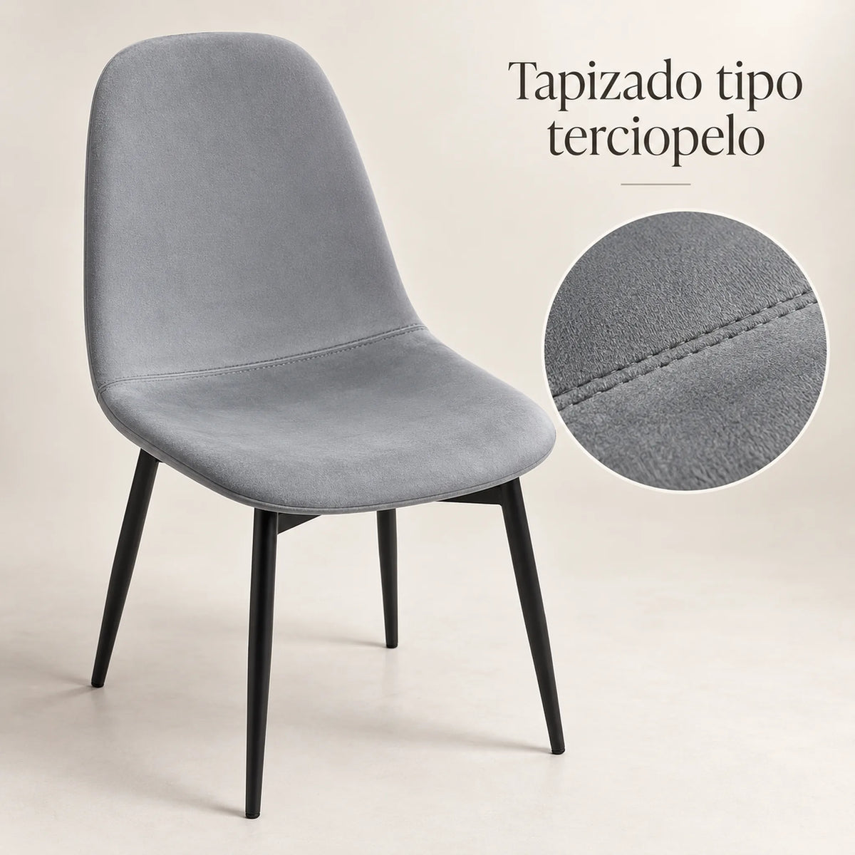 Detalle del tapizado tipo terciopelo color gris claro de la silla Beneli