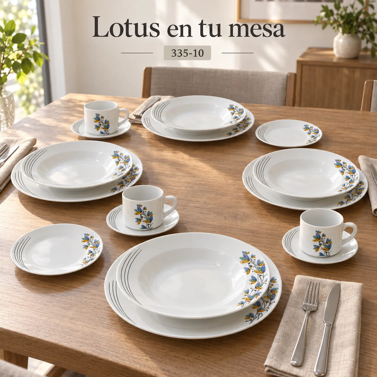 Mesa montada con la vajilla de porcelana Lotus, diseño Mariposas Aqua