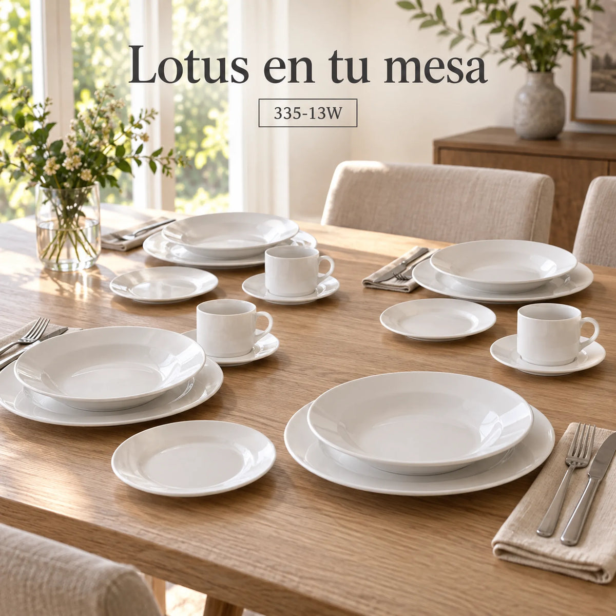 Mesa montada con la vajilla de porcelana Lotus, diseño Blanco Clásico