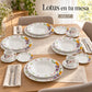 Mesa montada con la vajilla de porcelana Lotus, diseño Jardín Primavera