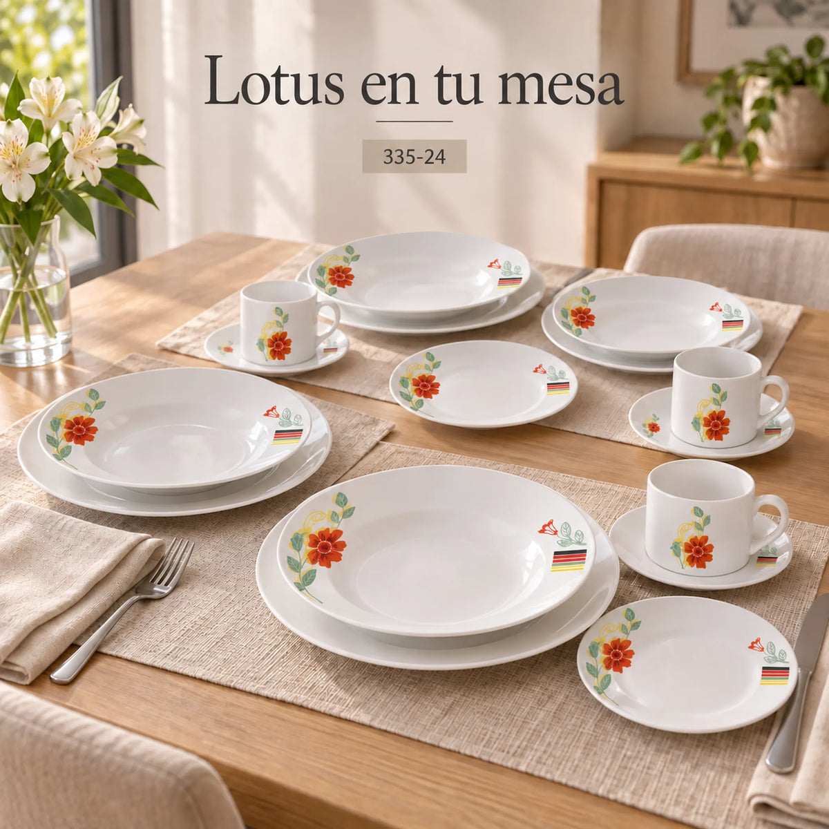 Mesa montada con la vajilla de porcelana Lotus, diseño Tulipán Lineal