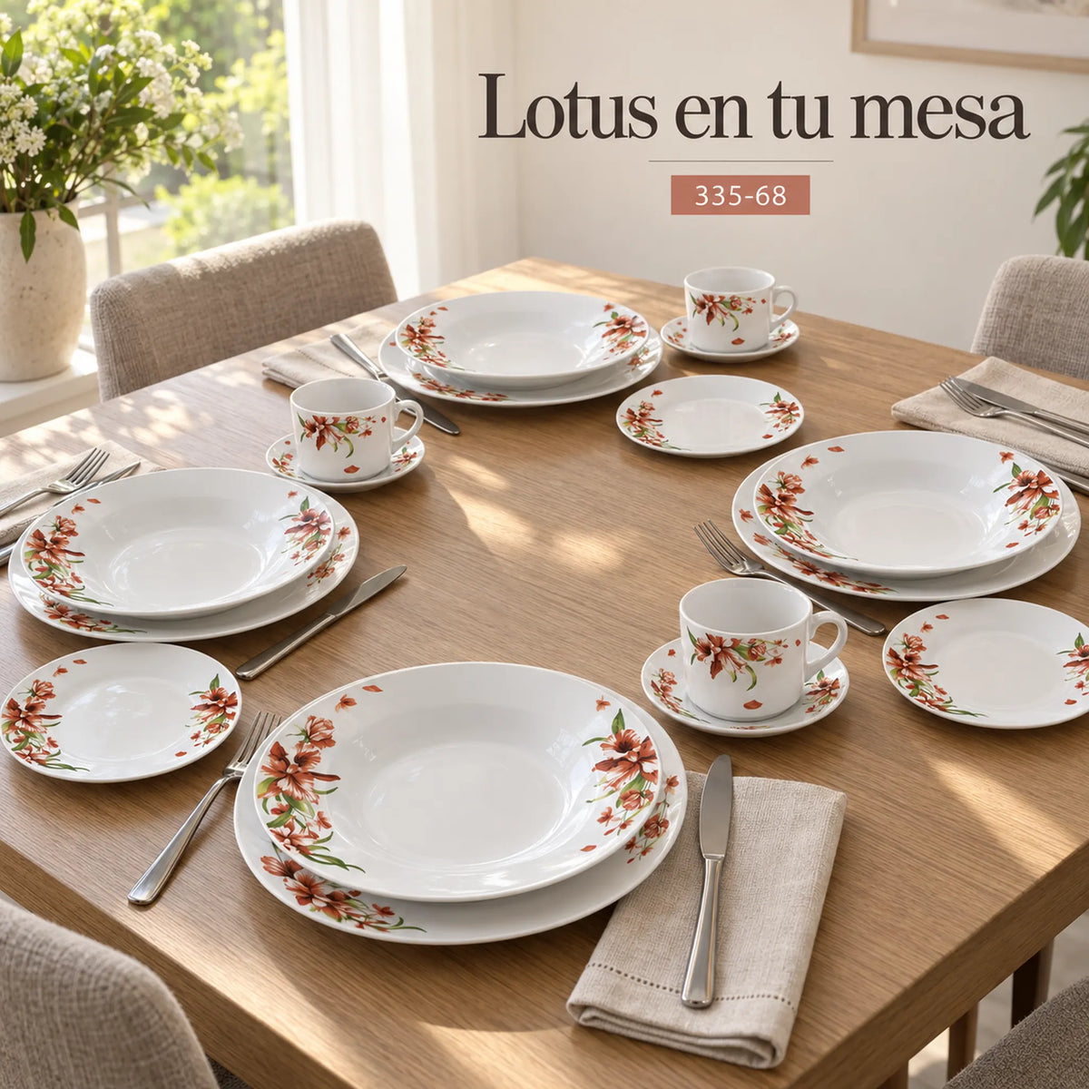 Mesa montada con la vajilla de porcelana Lotus, diseño Lirio Coral