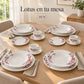 Mesa montada con la vajilla de porcelana Lotus, diseño Flor de Cerezo
