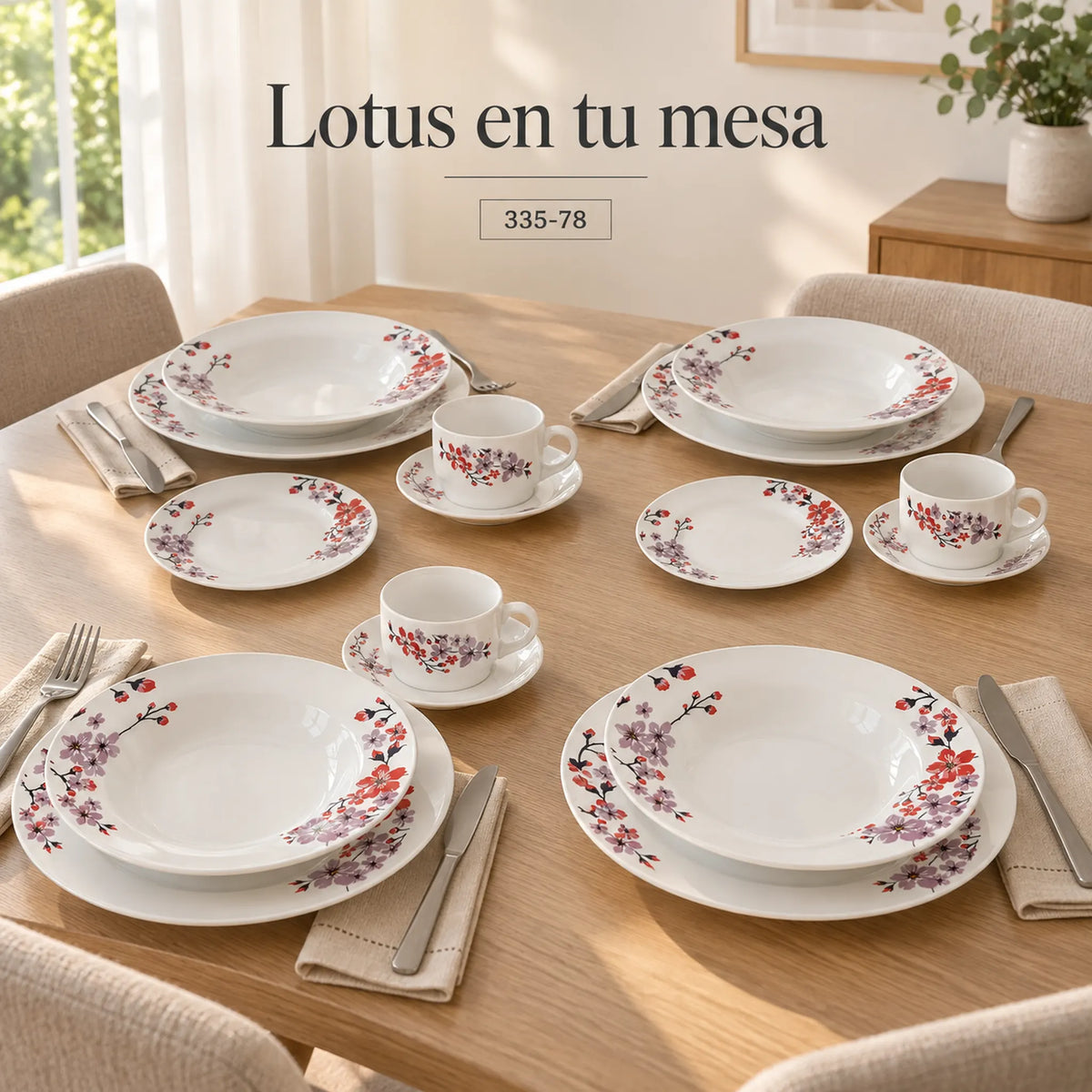 Mesa montada con la vajilla de porcelana Lotus, diseño Flor de Cerezo