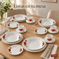 Mesa montada con la vajilla de porcelana Lotus, diseño Rosa Imperial