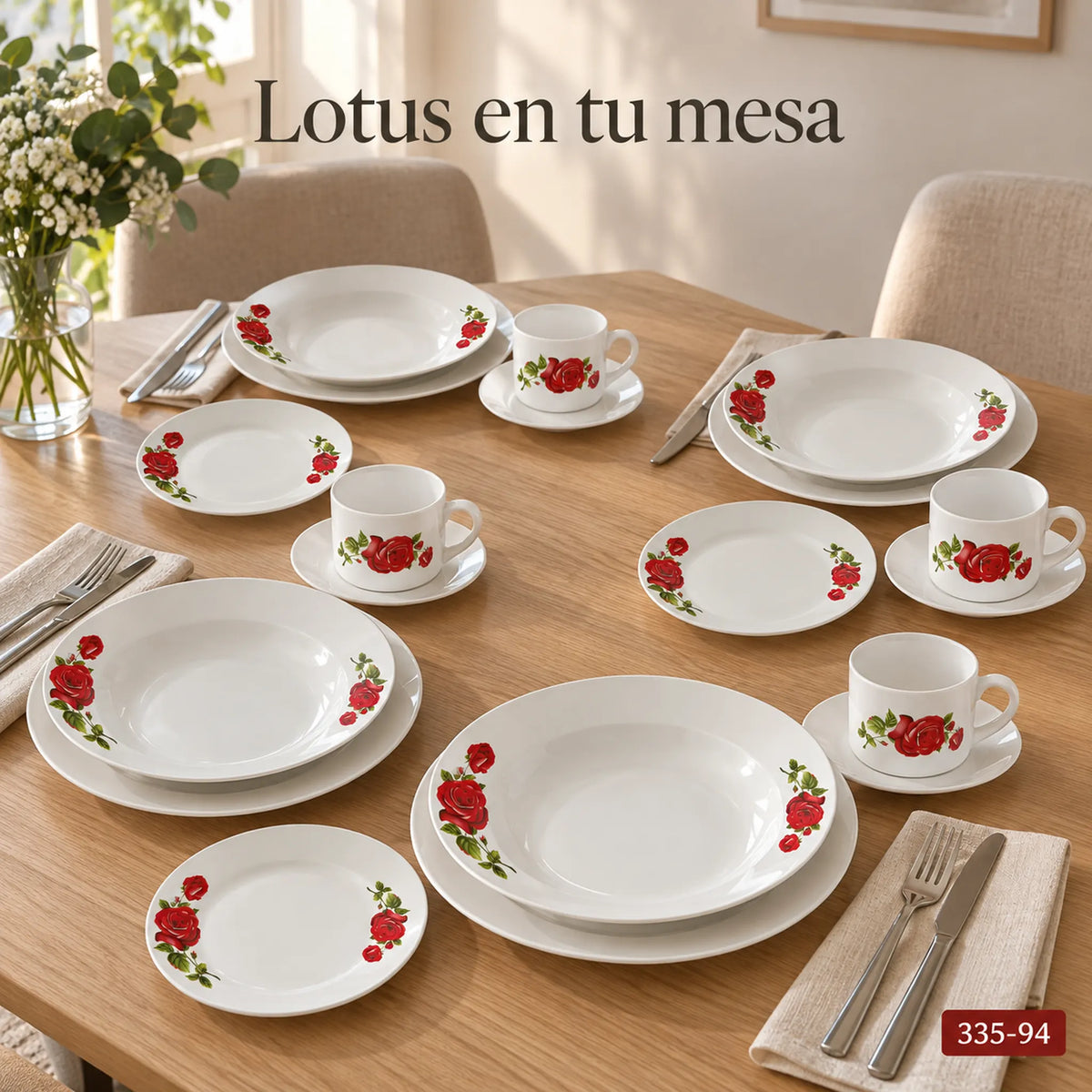 Mesa montada con la vajilla de porcelana Lotus, diseño Rosa Imperial