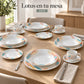 Mesa montada con la vajilla de porcelana Lotus, diseño Acuarela Coral