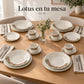 Mesa montada con la vajilla de porcelana Lotus, diseño Jardín Toscana
