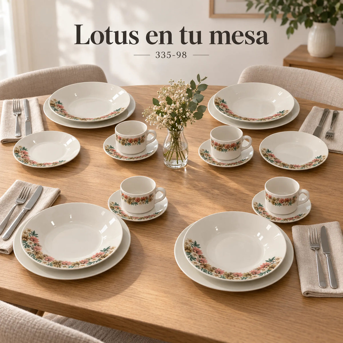 Mesa montada con la vajilla de porcelana Lotus, diseño Jardín Toscana