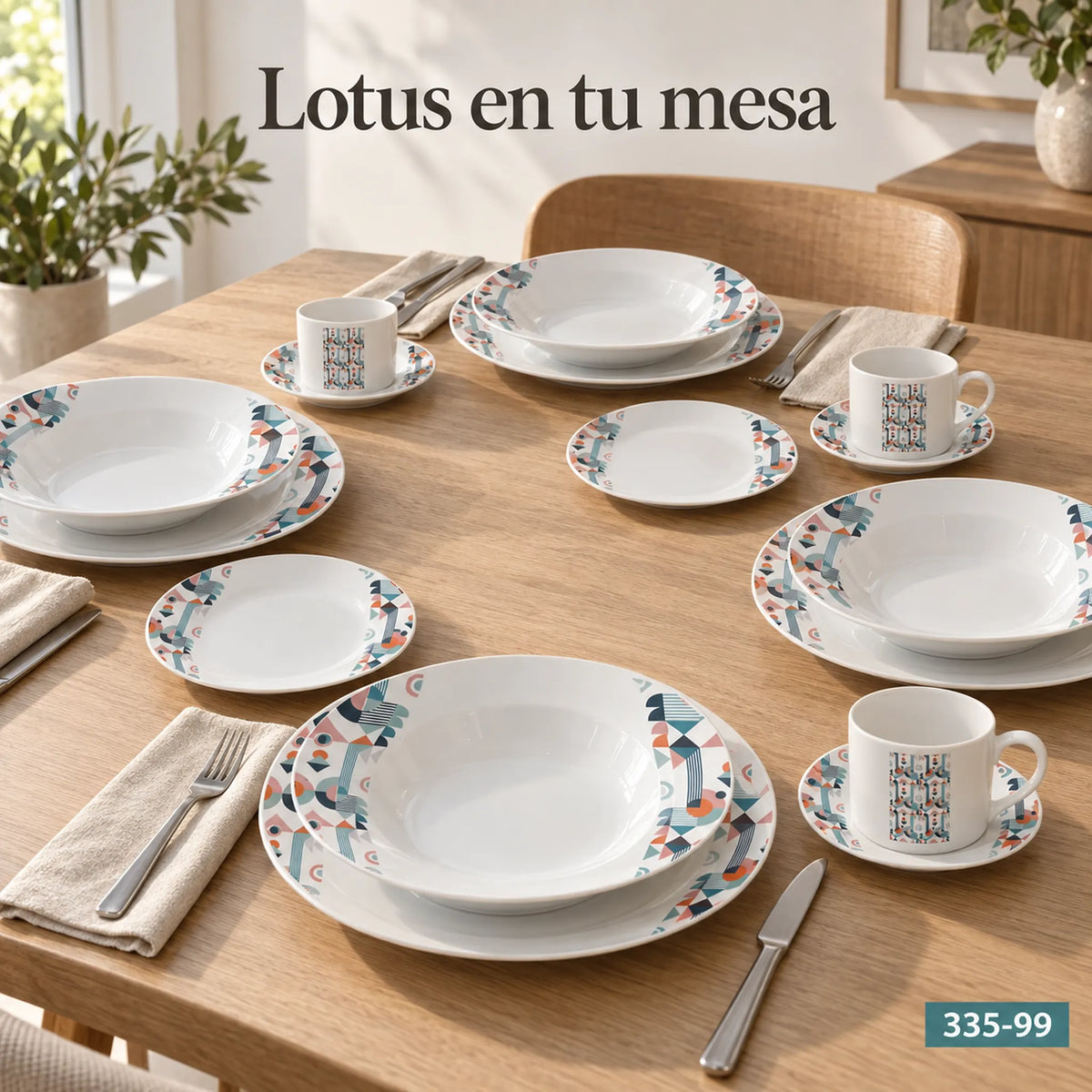 Mesa montada con la vajilla de porcelana Lotus, diseño Mosaico Nórdico