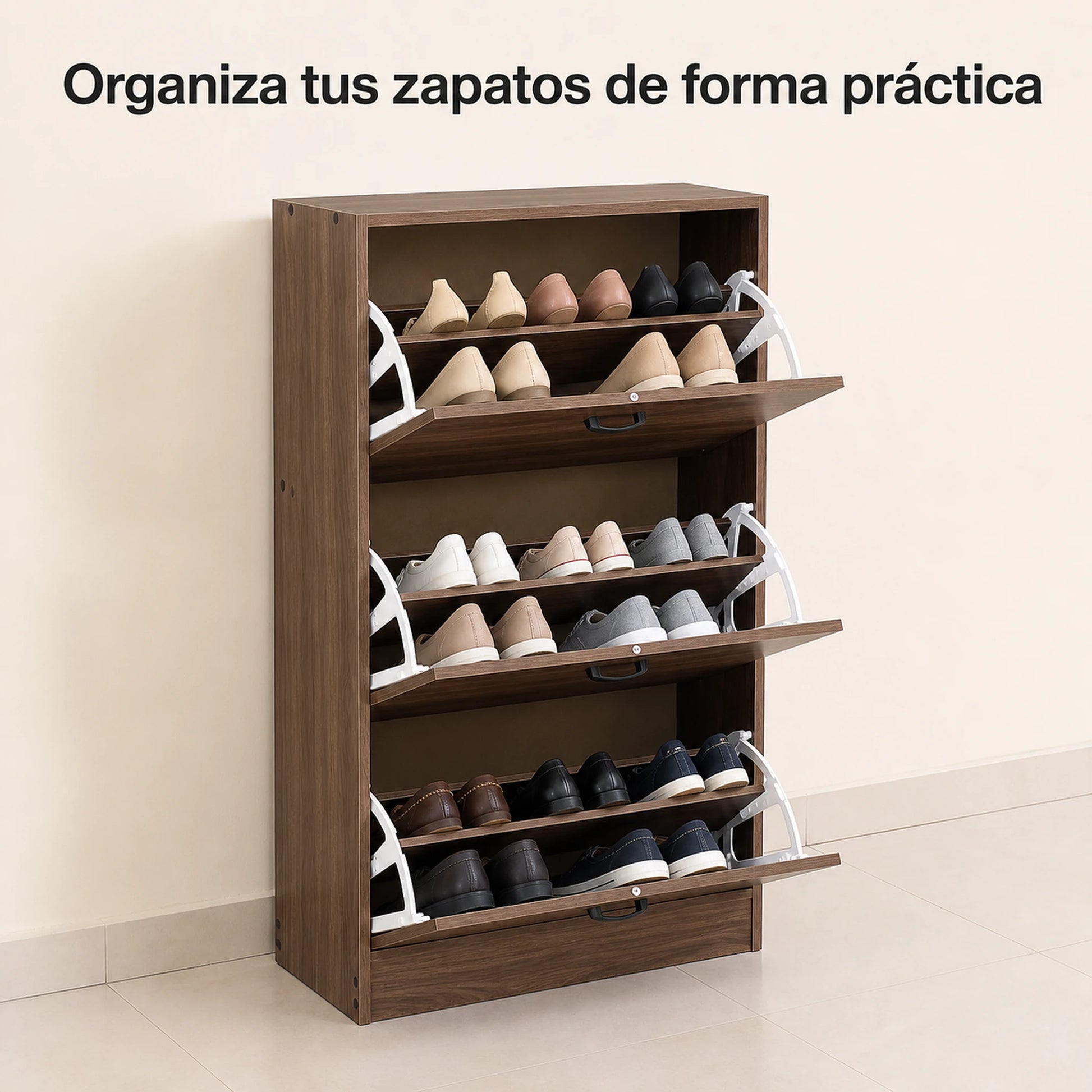 Zapatera de madera nogal mostrando su capacidad para varios pares de zapatos por nivel
