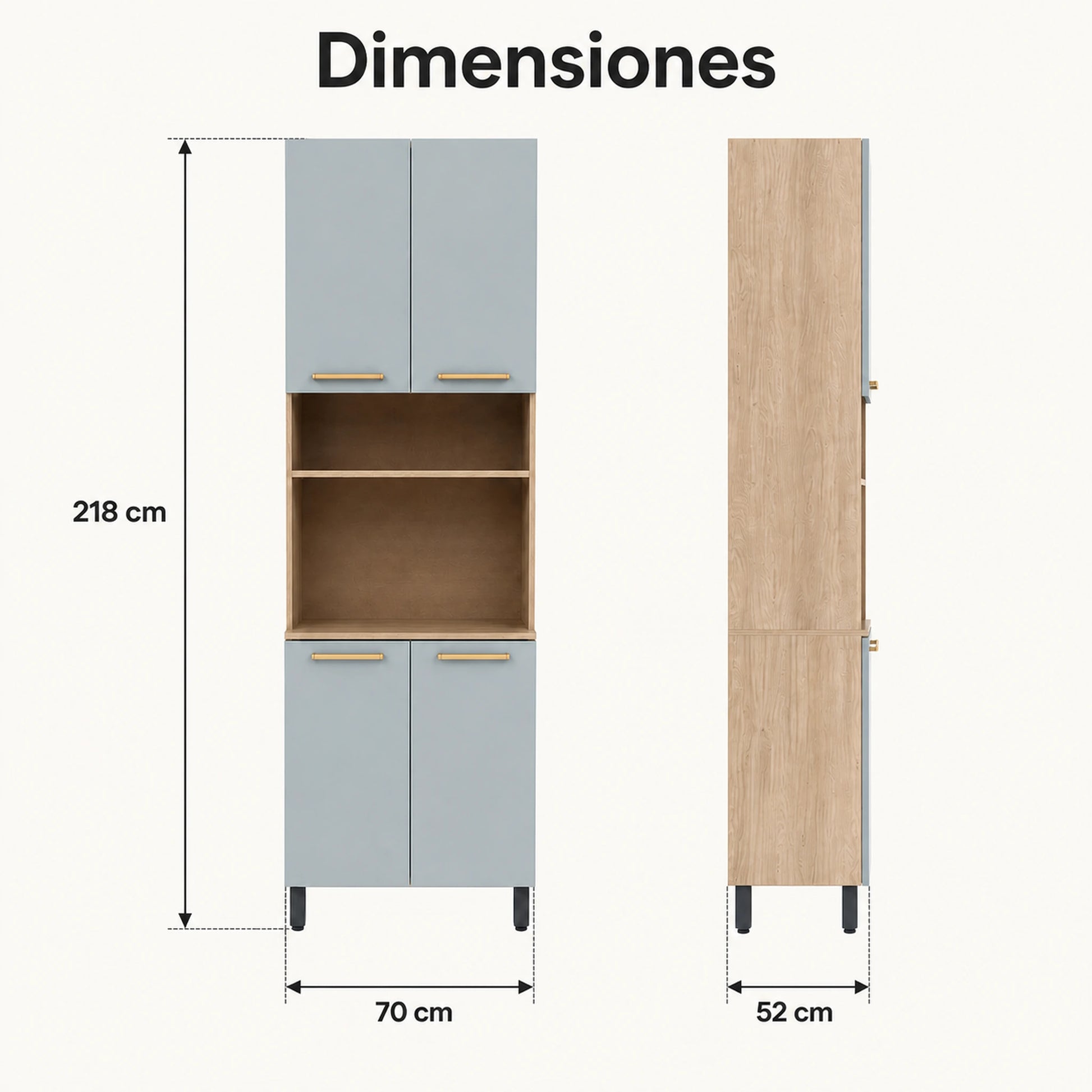 Guía de medidas de la alacena alta de cocina: 218 cm de alto, 70 cm de ancho y 52 cm de profundidad