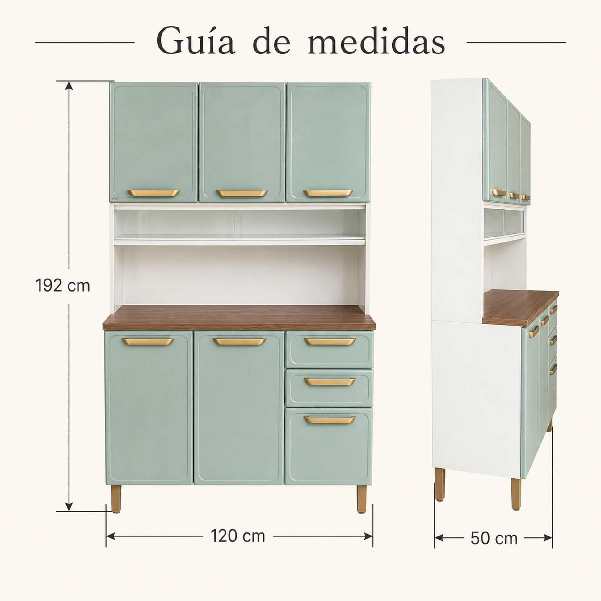 Guía de medidas de la alacena de cocina Bertolini: 192 cm de alto, 120 cm de ancho y 50 cm de profundidad