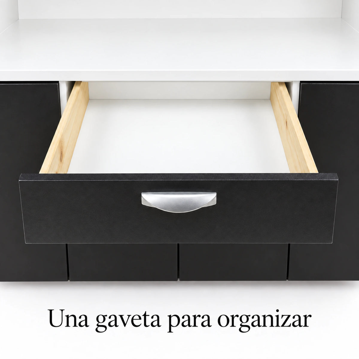 Alacena de cocina 7 puertas y 1 gaveta color Negro/Blanco – detalle de la gaveta y jaladeras metálicas