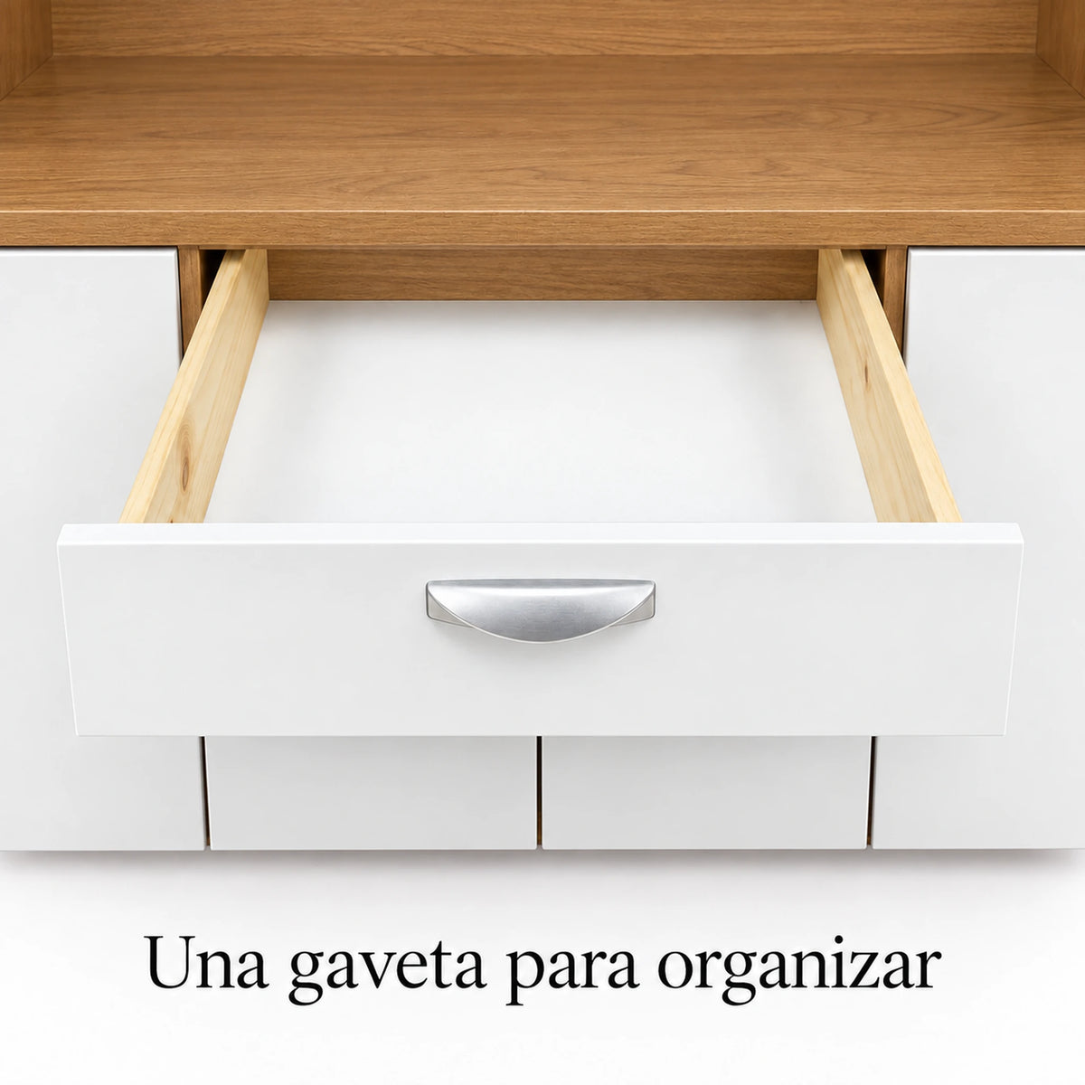 Alacena de cocina 7 puertas y 1 gaveta color Blanco/Roble Miel – detalle de la gaveta y jaladeras metálicas