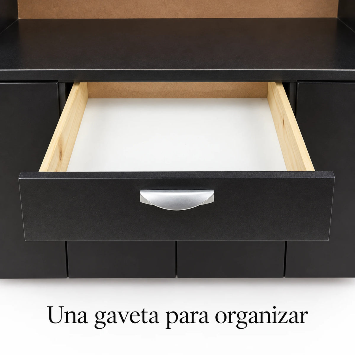 Alacena de cocina 7 puertas y 1 gaveta color Negro/Wengué – detalle de la gaveta y jaladeras metálicas