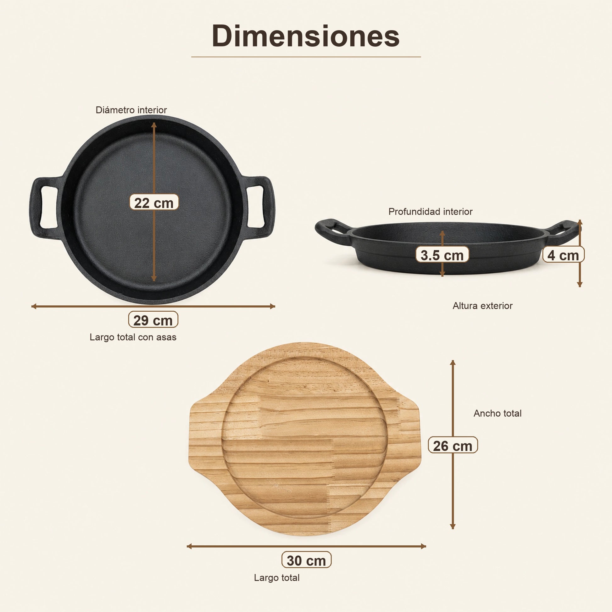 Guía de dimensiones de la bandeja de hierro fundido y su base de madera