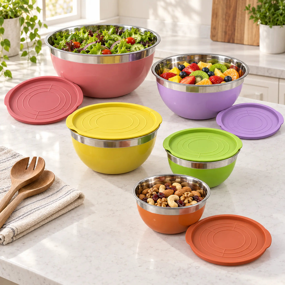 Bowls Lotus en uso en la cocina con ensalada, fruta y frutos secos