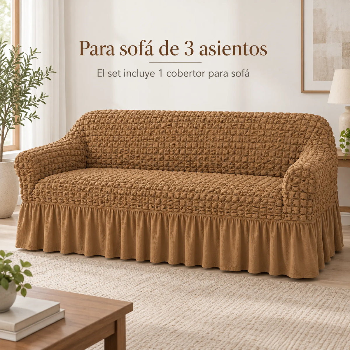 Set de cobertores Versalles color Camel, cobertor de sofá de tres asientos