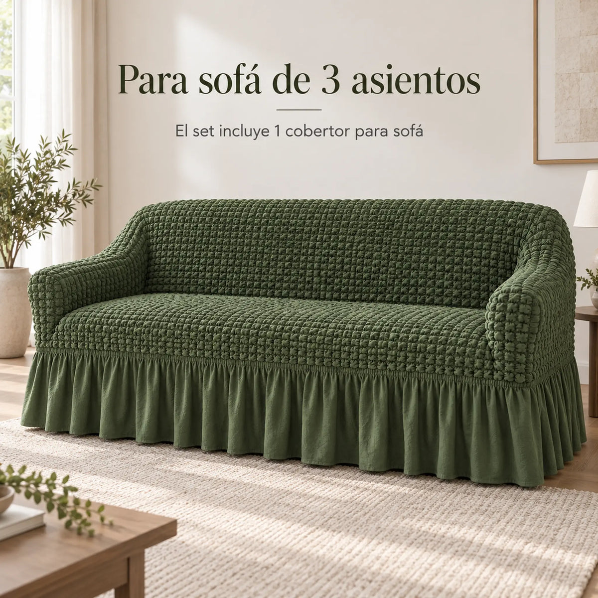 Set de cobertores Versalles color Verde Oliva, cobertor de sofá de tres asientos