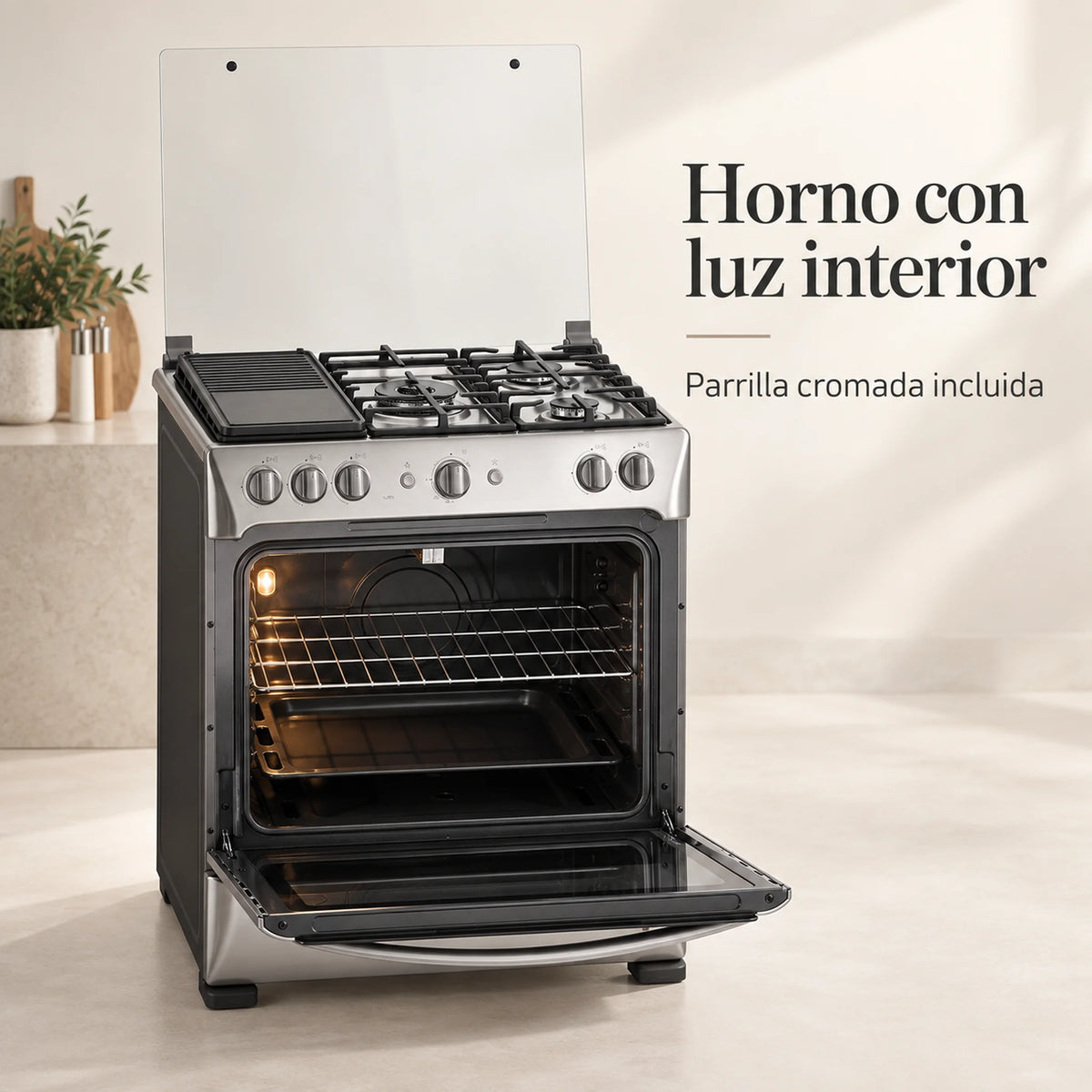 Cocina a Gas Indurama Turín Zafiro, horno abierto con luz interior y parrilla cromada