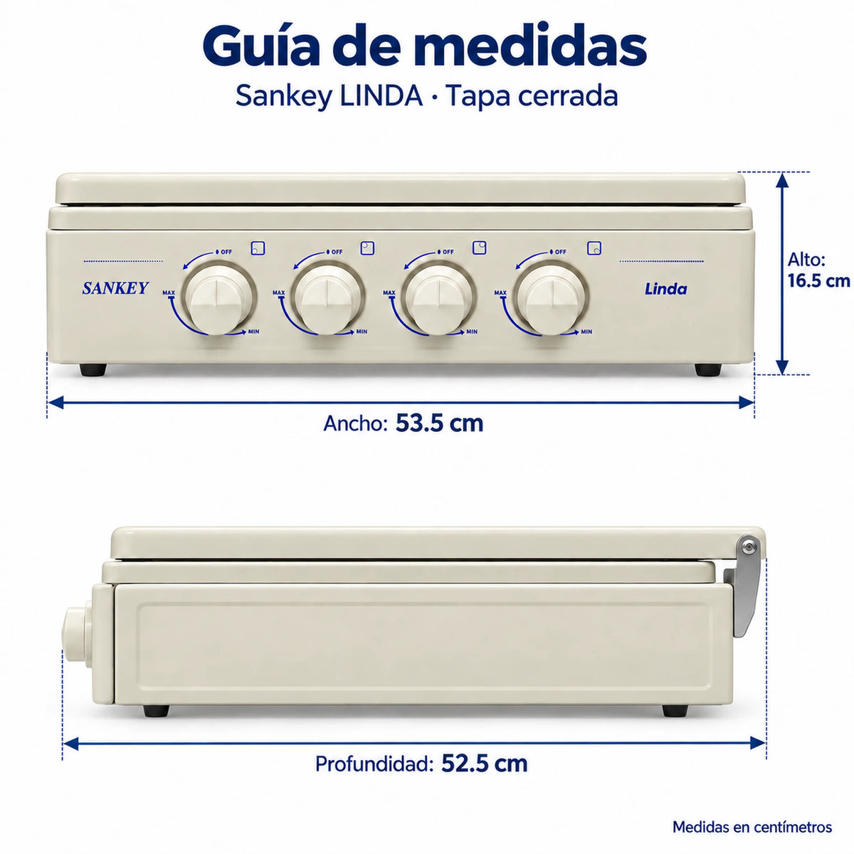 Guía de medidas de la cocina a gas Sankey Linda: 53.5 cm de ancho, 16.5 cm de alto y 52.5 cm de profundidad