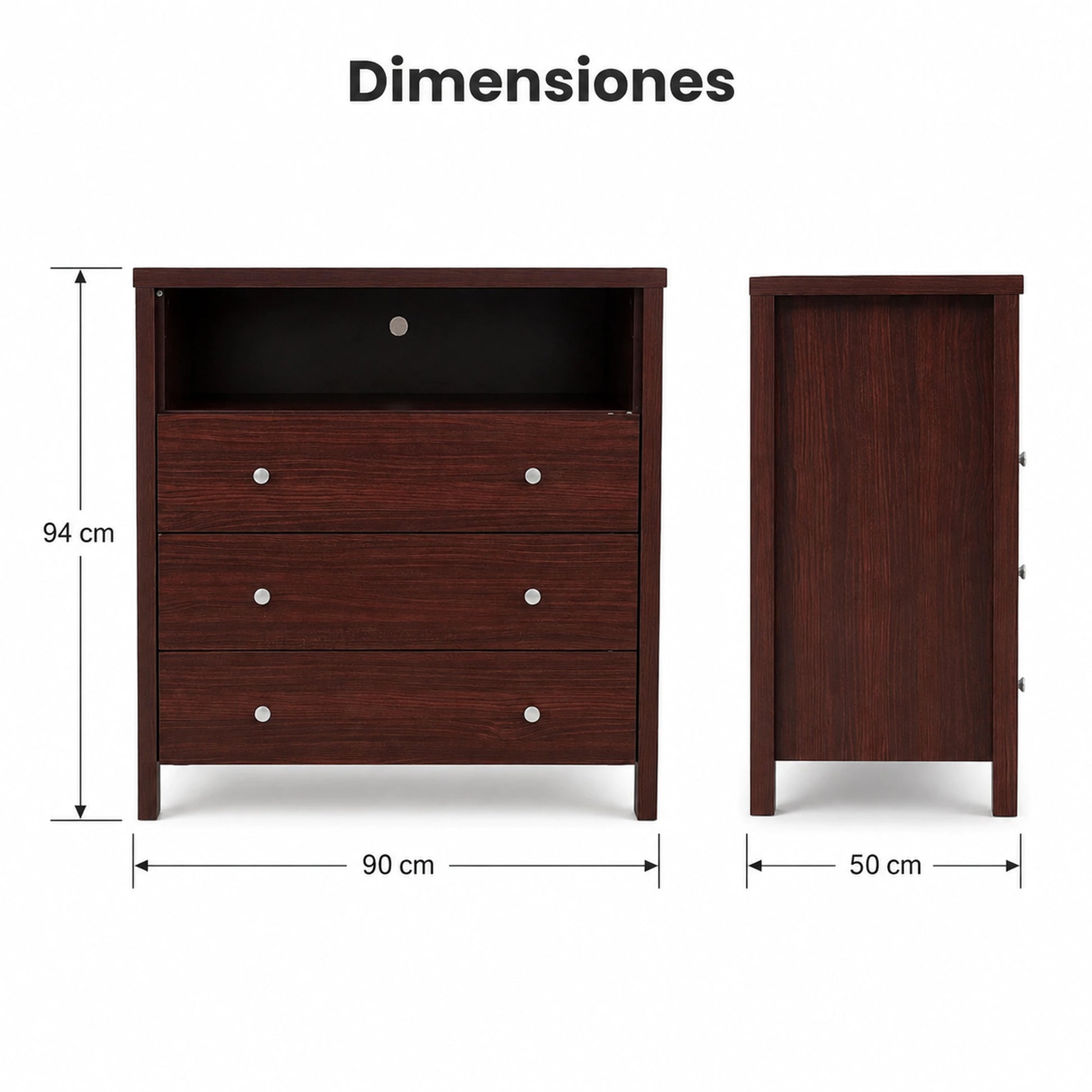 Guía de medidas de la cómoda de 3 gavetas: 94 cm de alto, 90 cm de ancho y 50 cm de profundidad