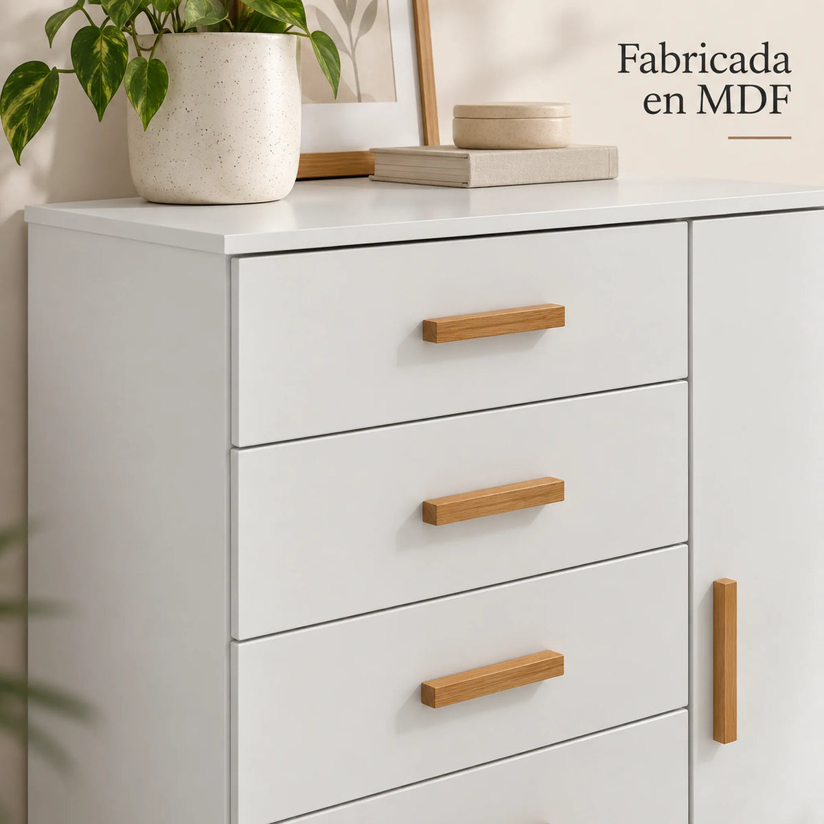 Cómoda New Mónaco acabado Blanco, detalle del acabado en MDF