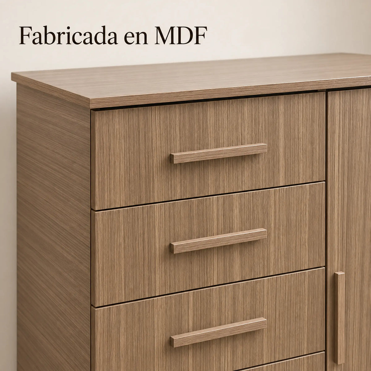 Cómoda New Mónaco acabado Café Veteado, detalle del acabado en MDF