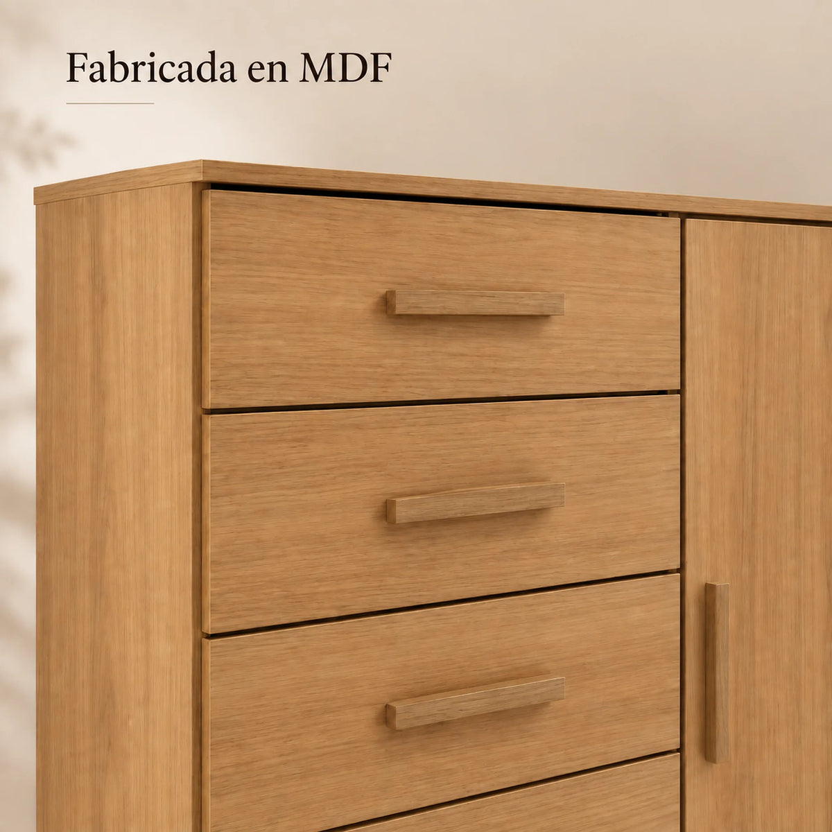 Cómoda New Mónaco acabado Miel, detalle del acabado en MDF
