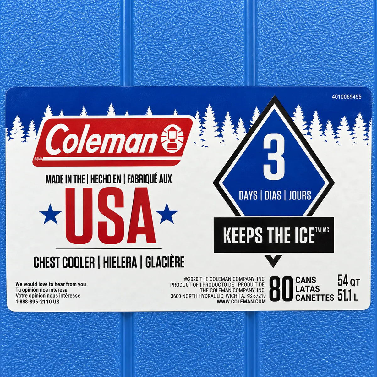 Etiqueta de la hielera Coleman hecha en USA: 54 QT, 80 latas y conserva el hielo 3 días
