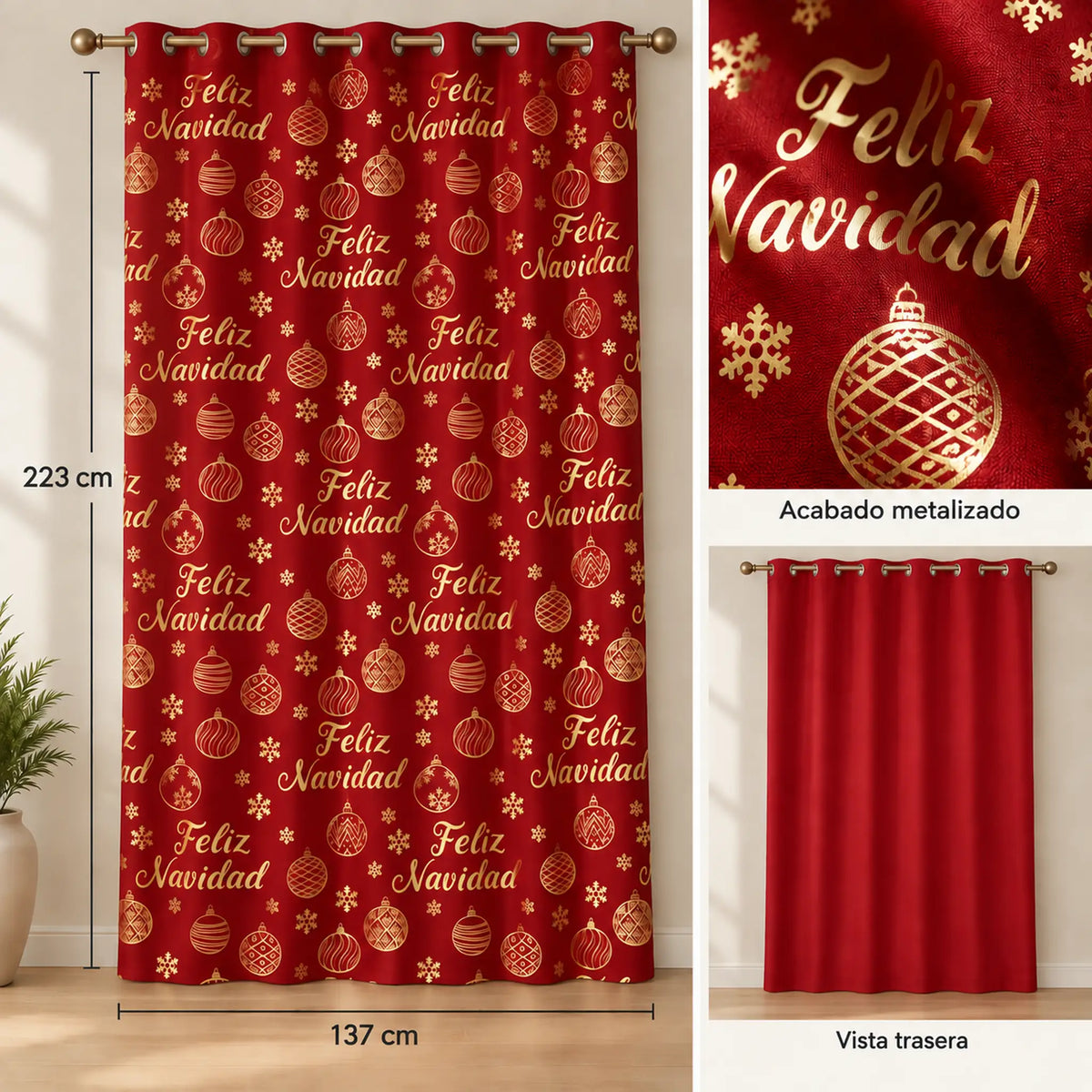 Cortina navideña Pasión Guajira Elfo roja con letras Feliz Navidad doradas – detalle del acabado metalizado