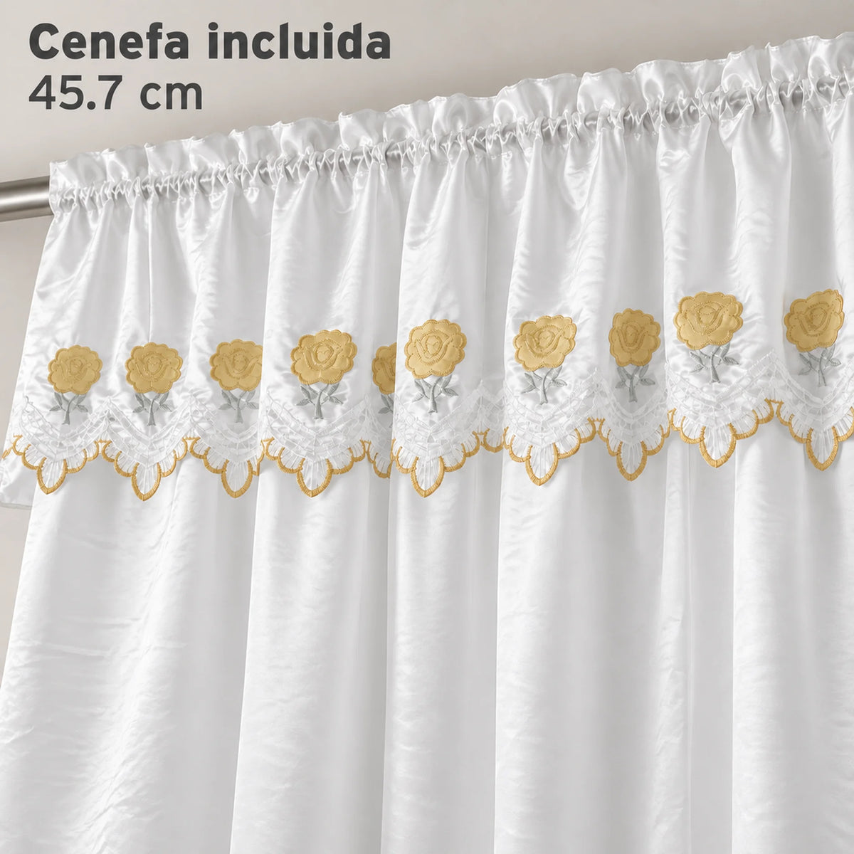 Par de cortinas blancas bordadas satinadas con cenefa, bordado dorado – detalle de la cenefa incluida