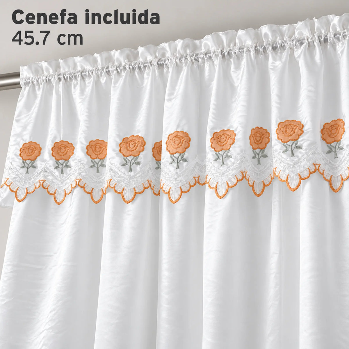 Par de cortinas blancas bordadas satinadas con cenefa, bordado naranja coral – detalle de la cenefa incluida