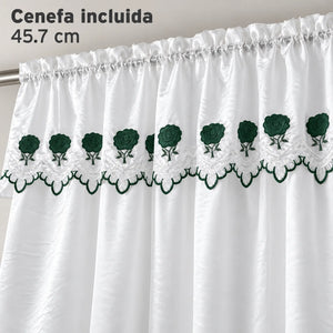 Par de cortinas blancas bordadas satinadas con cenefa, bordado verde esmeralda – detalle de la cenefa incluida