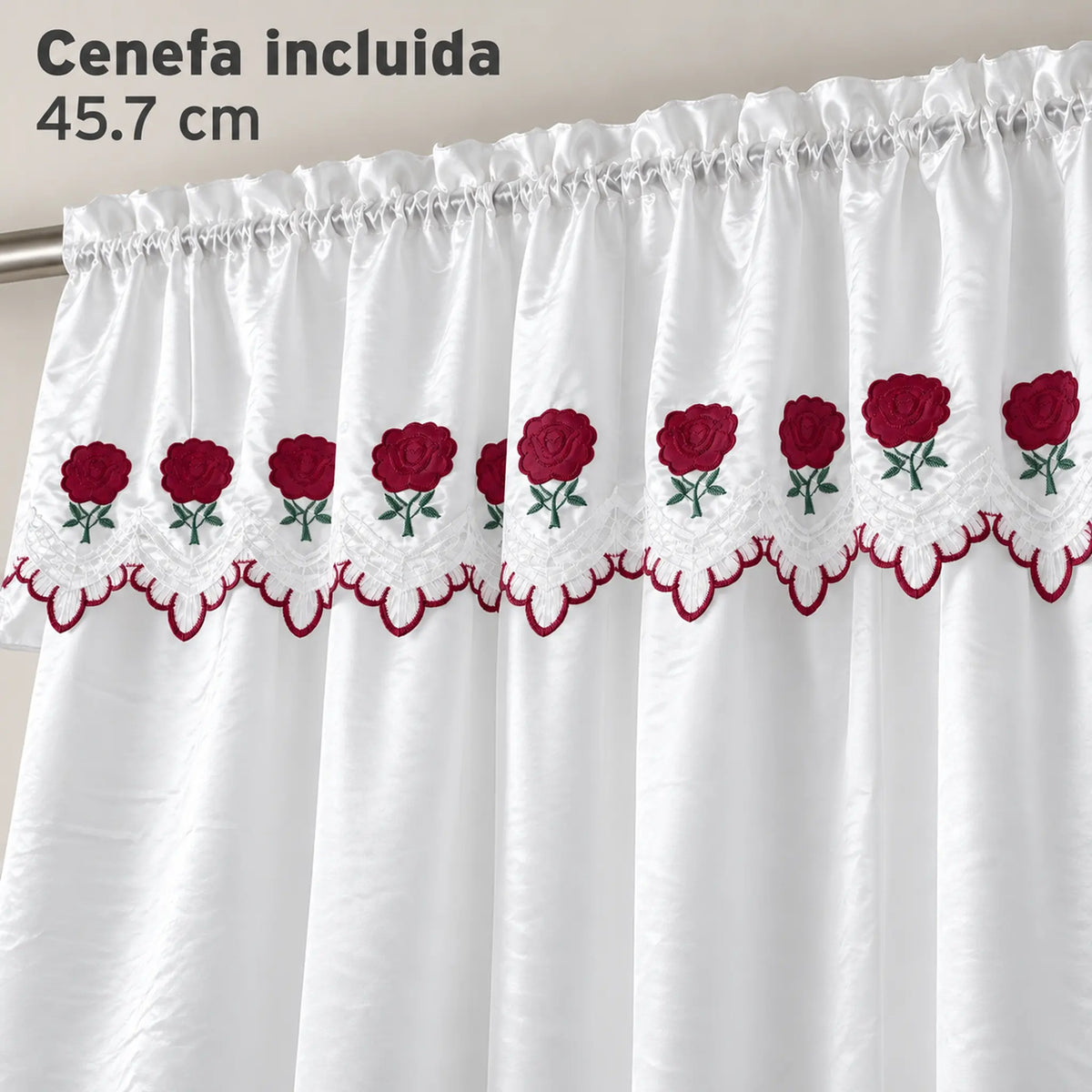 Par de cortinas blancas bordadas satinadas con cenefa, bordado rojo vino – detalle de la cenefa incluida