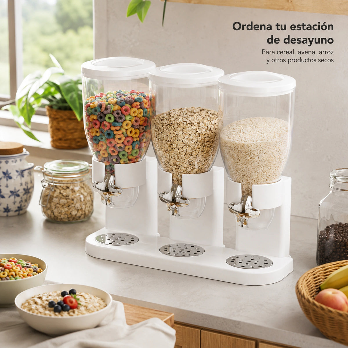 Dispensador de cereal triple en blanco organizando una estación de desayuno con cereal, avena y arroz