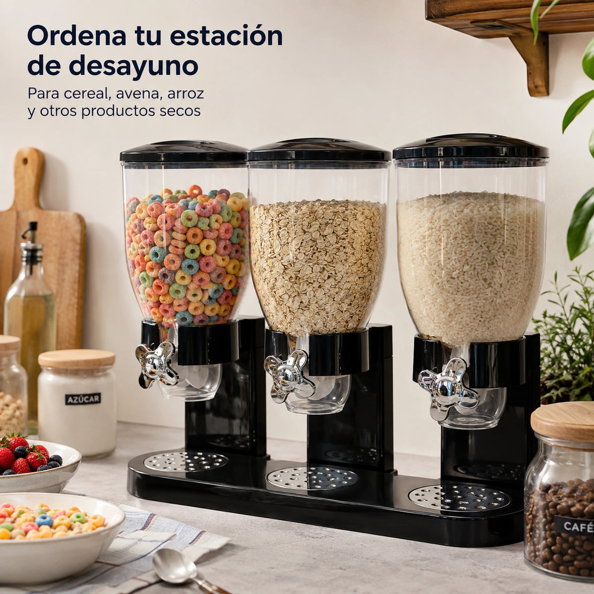 Dispensador de cereal triple en negro organizando una estación de desayuno con cereal, avena y arroz