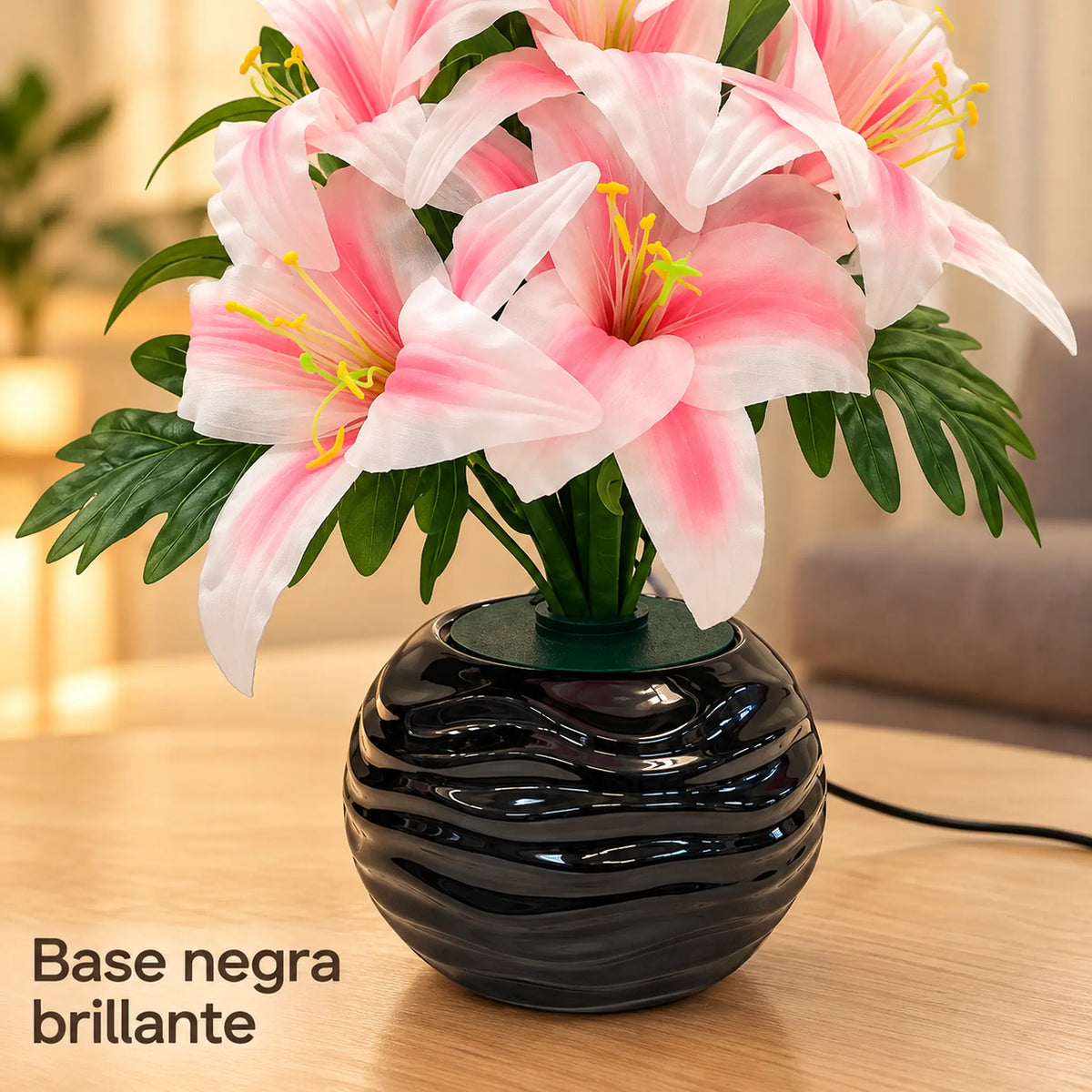 Arreglo de flores artificiales con luz LED, diseño Lirio Rosado – base negra brillante