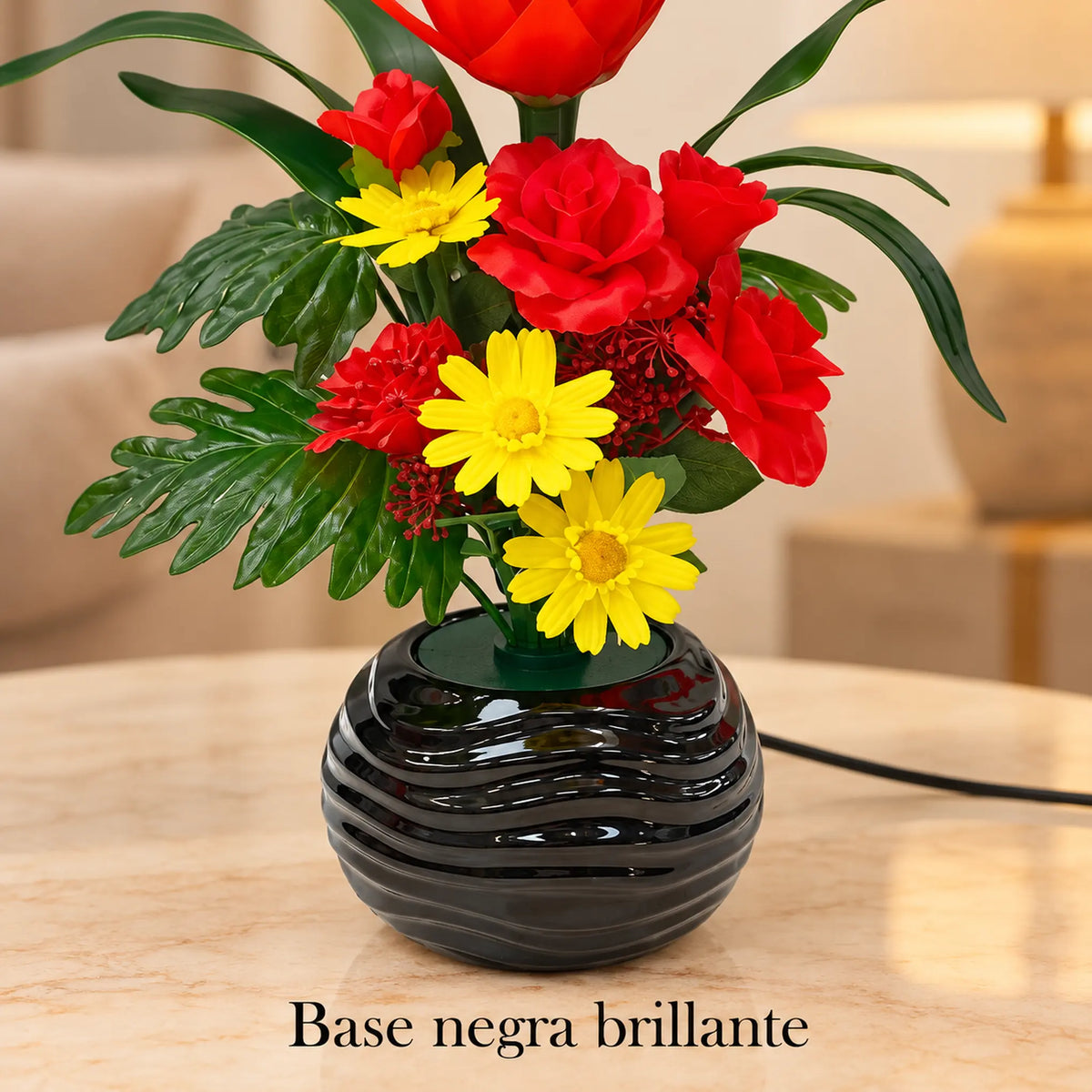 Arreglo de flores artificiales con luz LED, diseño Rojo Tropical – base negra brillante