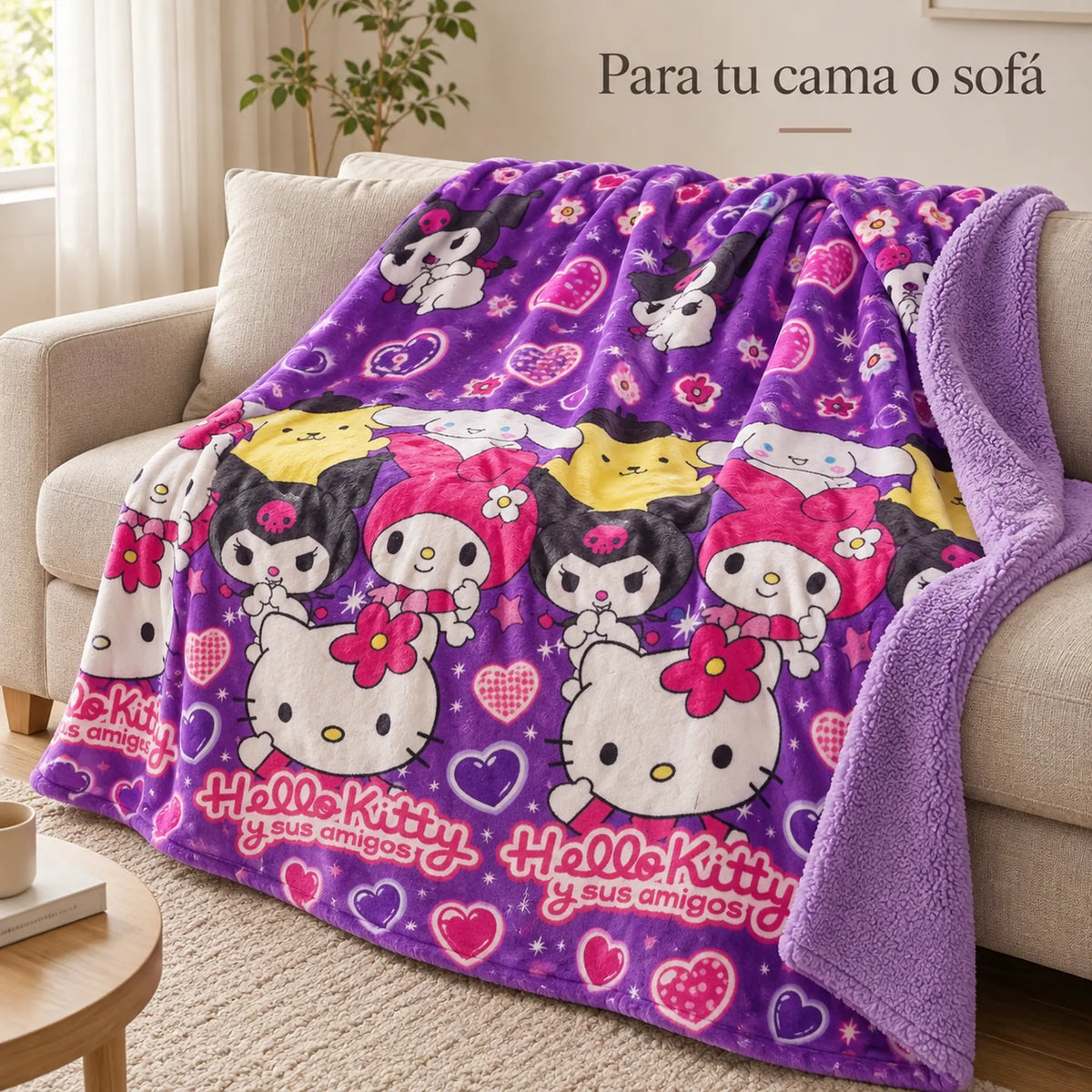 Frazada reversible piel de oveja, diseño Hello Kitty, en uso sobre el sofá