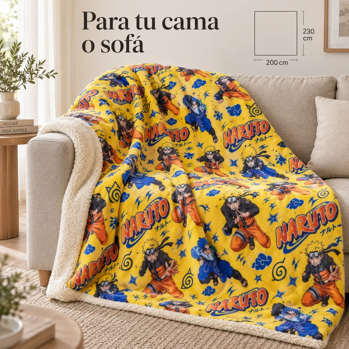 Frazada reversible piel de oveja, diseño Naruto, en uso sobre el sofá