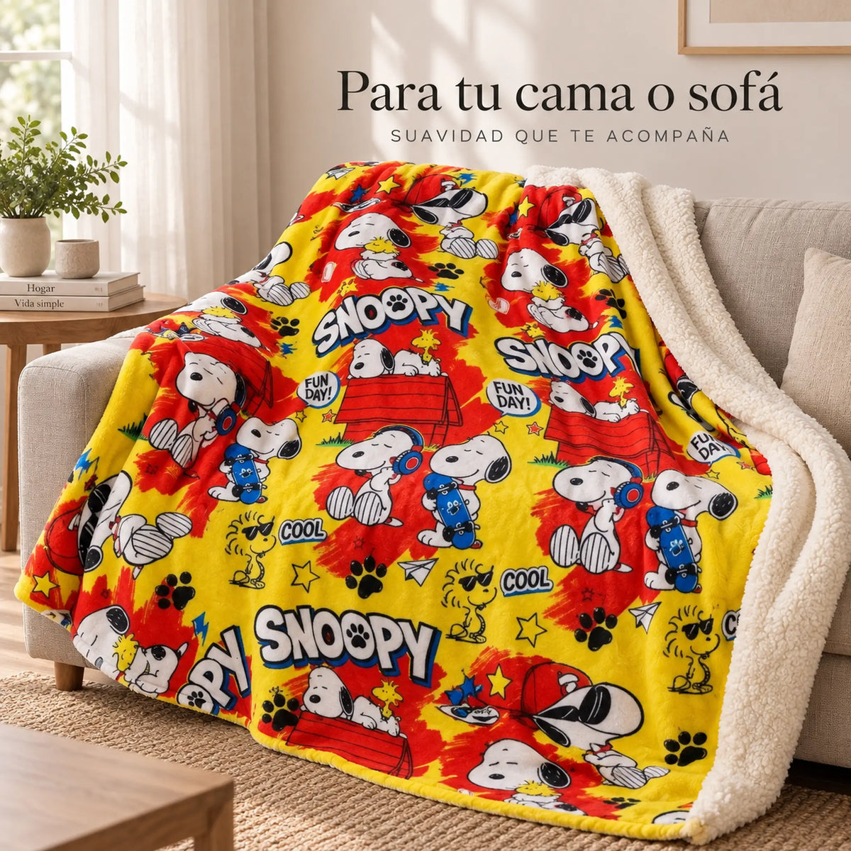 Frazada reversible piel de oveja, diseño Snoopy, en uso sobre el sofá