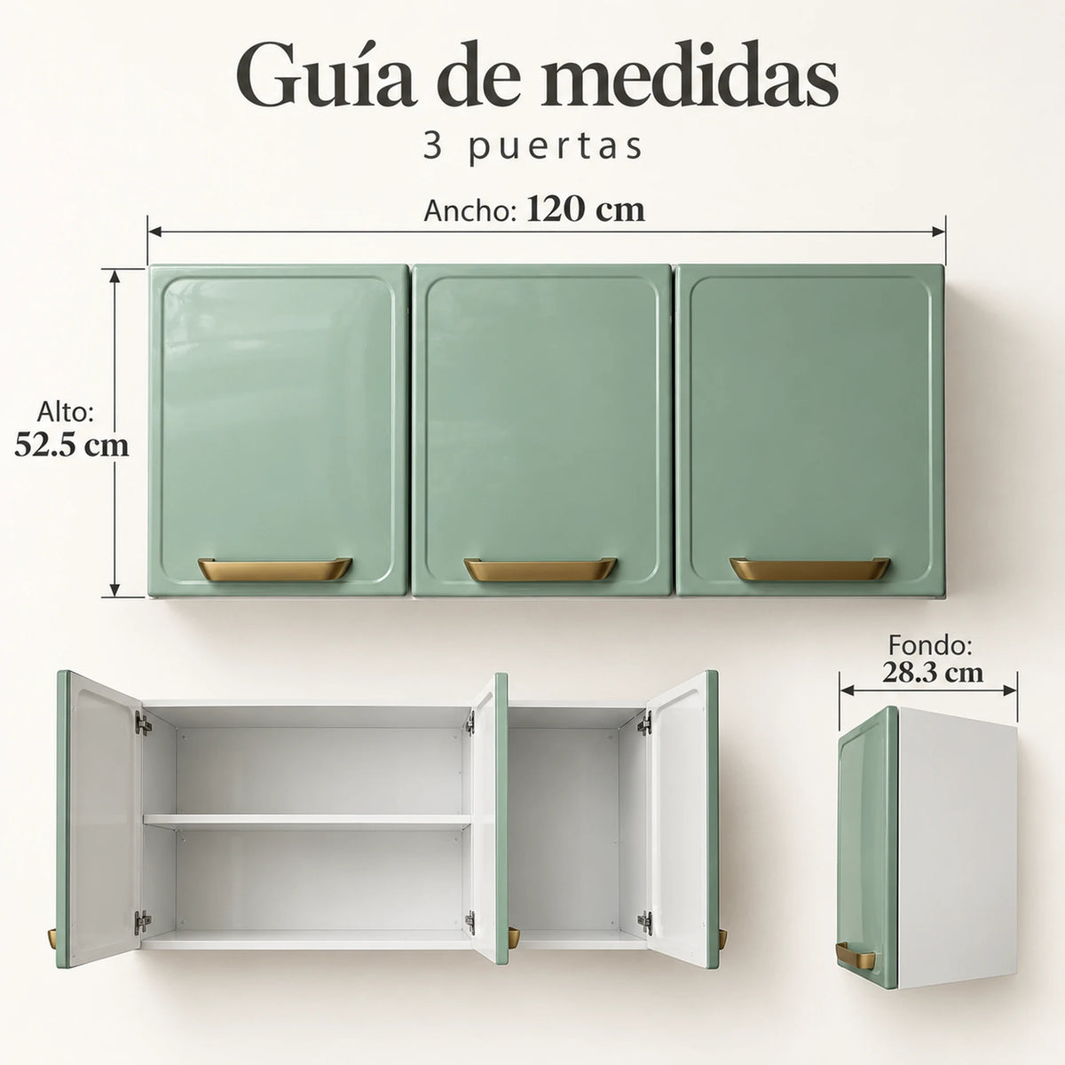 Guía de medidas del gabinete aéreo Bertolini de 3 puertas: 120 x 52.5 x 28.3 cm