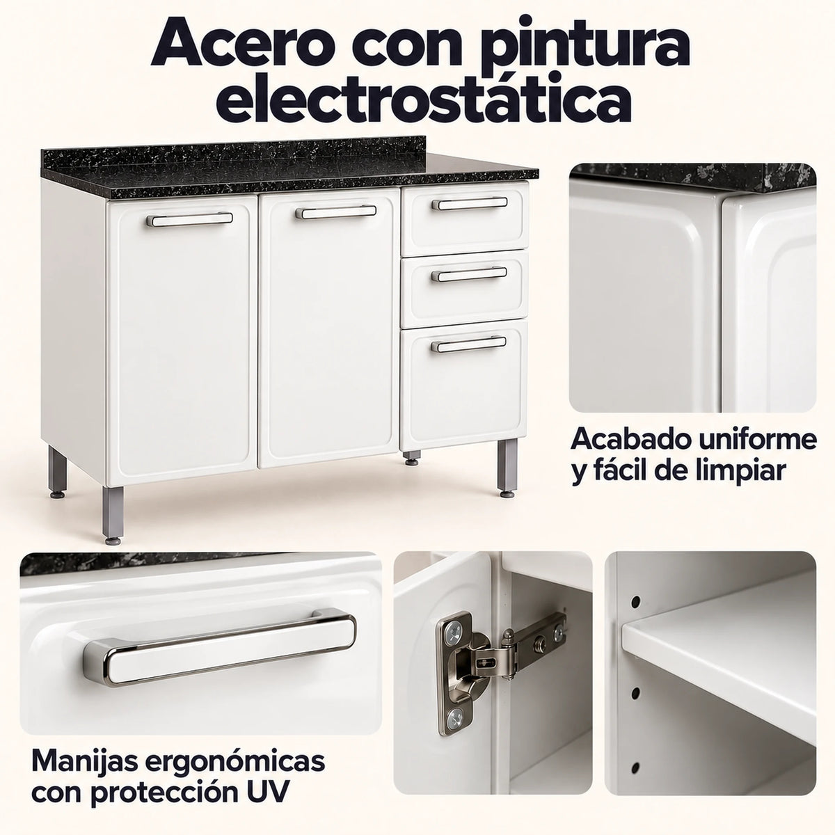 Gabinete de cocina de acero 120 cm – acero con pintura electrostática, manijas y bisagras